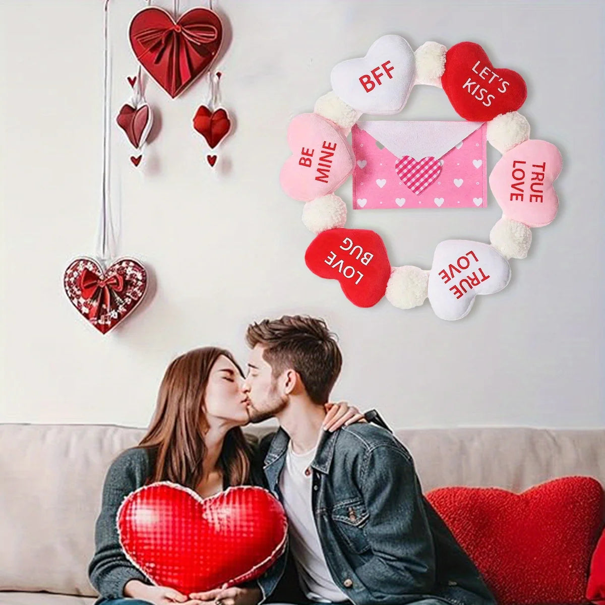 Valentine's Day Wreath with Envelope, 15.7 Inch Valentine Wreath Decorations for Front Door Indoor Outdoor Wall Window,