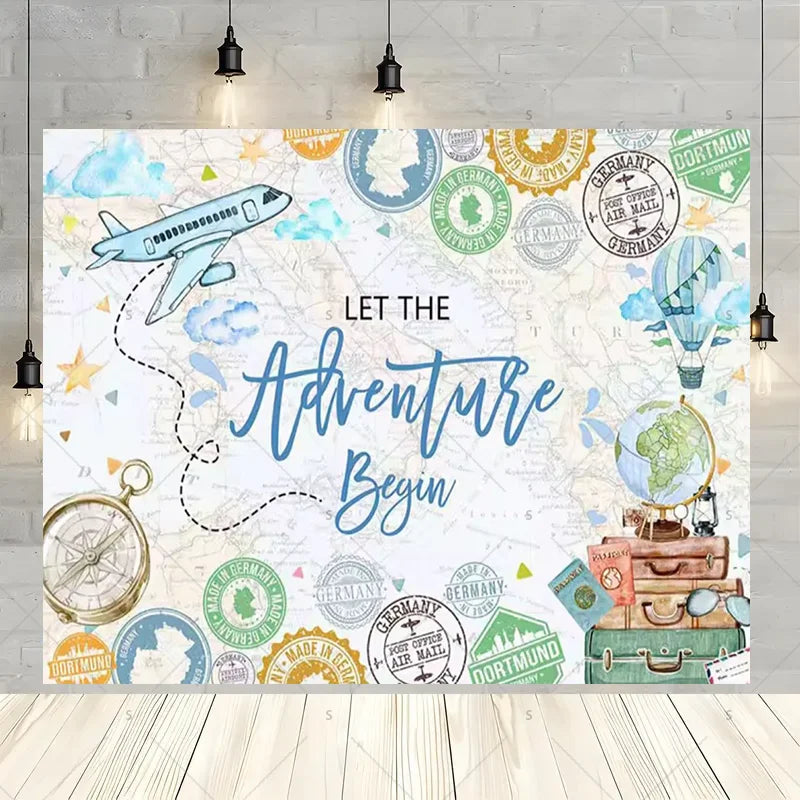Let The Adventure Begin World Airplane Graduation Backdrop