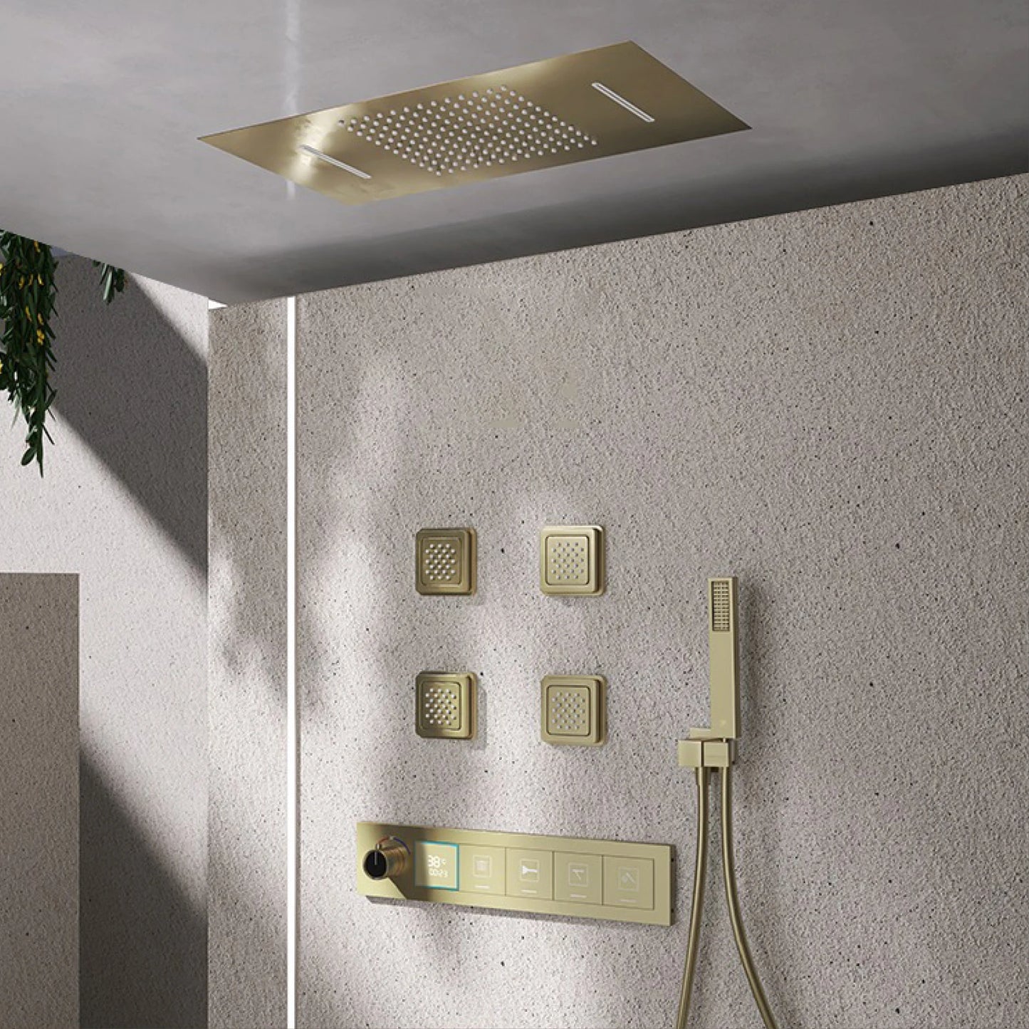Gun gray brass ceiling constant temperature shower system embedded design LED digital display cold and hot water bathroom mixer