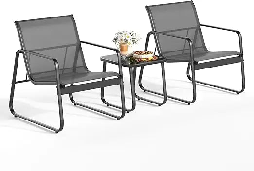 Patio Chairs Set of 2 with Metal Frame Glass Table