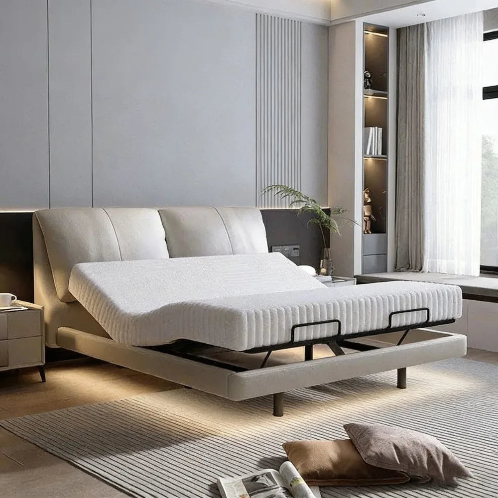 Smart Electric Bed with Floating Design Modern Luxury Genuine Leather Bed Frame Adjustable Lift King Size Bed for Master Bedroom