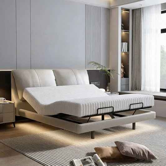 Smart Electric Bed with Floating Design Modern Luxury Genuine Leather Bed Frame Adjustable Lift King Size Bed for Master Bedroom