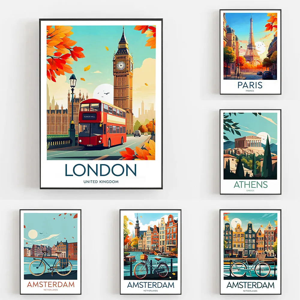 Amsterdam Travel Prints Netherlands London UK Big Ben Paris Eiffel Tower Greece Athens Posters Universal Gifts Home Decor