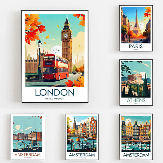 Amsterdam Travel Prints Netherlands London UK Big Ben Paris Eiffel Tower Greece Athens Posters Universal Gifts Home Decor
