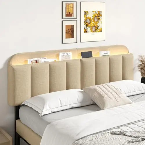 Adjustable Headboard for King/California King Size Bed Frame, Linen Fabric Bed Headboard with Storage & RGB LED Light