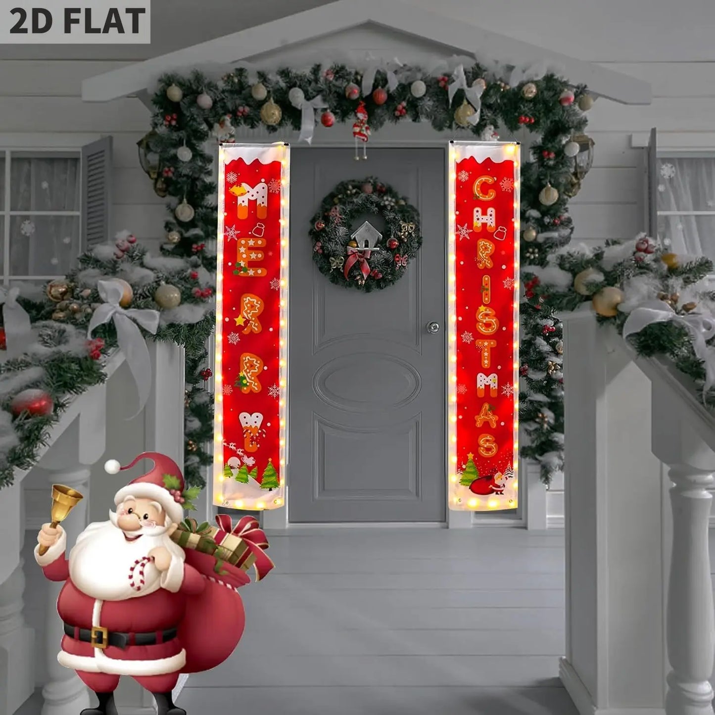 Christmas Decorations Banners with String Lights, Pattern Merry Christmas Party Decor, Bright Red Xmas Hanging Banner for Front