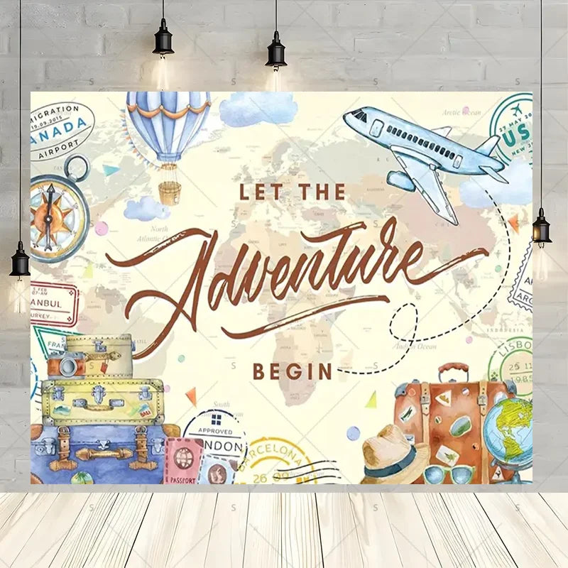 Let The Adventure Begin World Airplane Graduation Backdrop