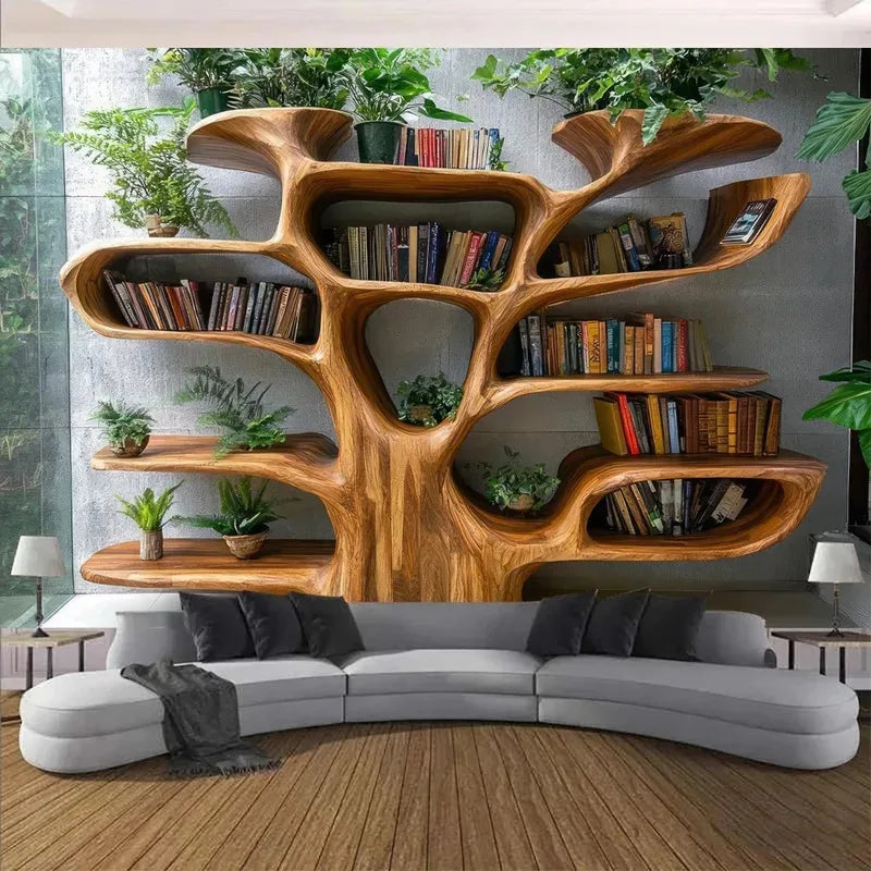 Tree Bookshelf Tapestry Natural Art Green Plants Forest Decor