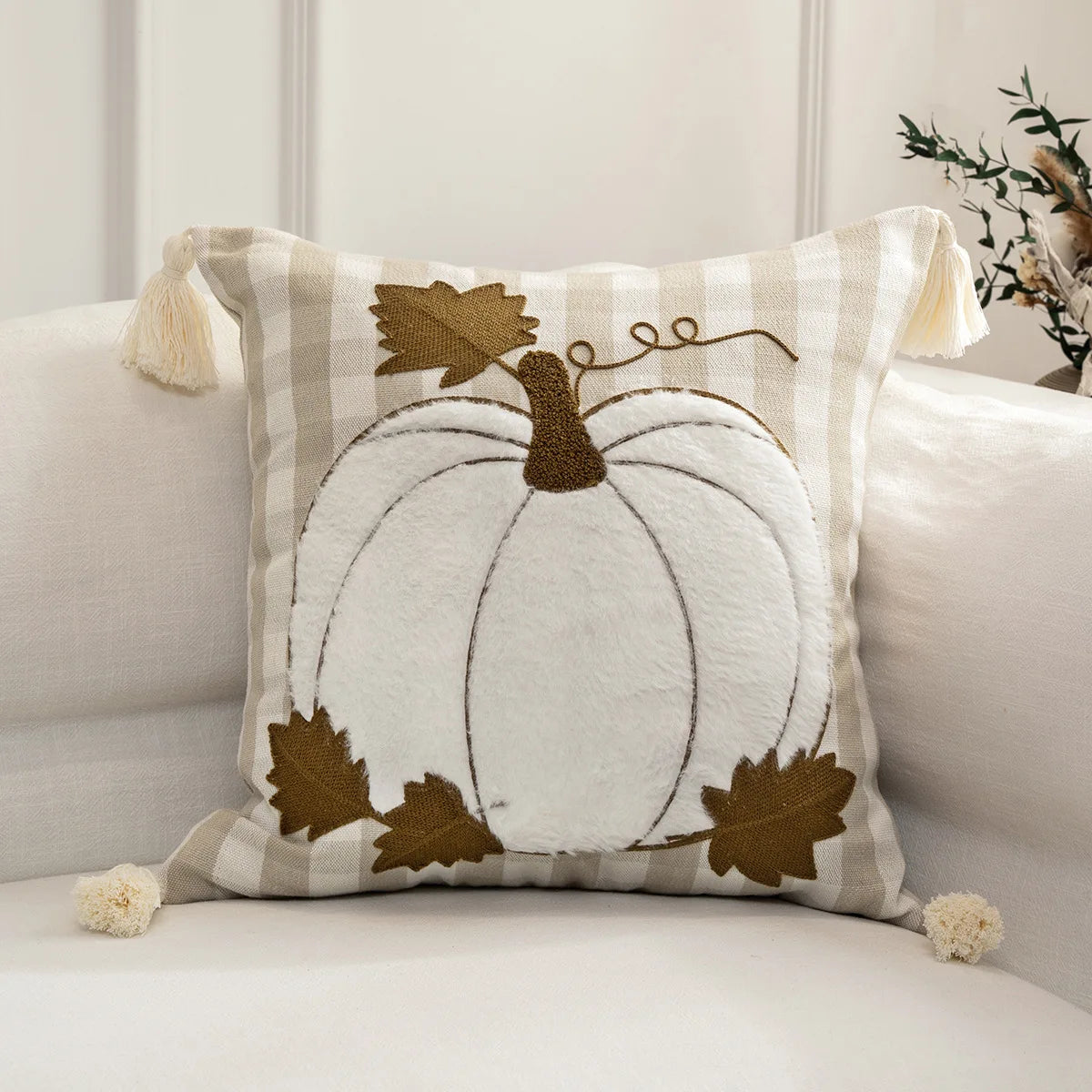 Halloween Tufted Throw Pillow Cover Thanksgiving Maple Pumpkin Square Cushion Cover for Home Living Room Party DIY Fall Decor