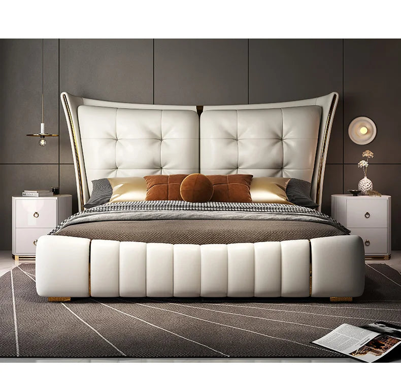 Light Luxury Leather King/Queen Bed Modern Soft Package Bed and Bedside Table for Bedroom Wedding Bed Solid Wood Bed Frame