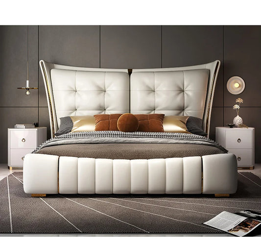 Light Luxury Leather King/Queen Bed Modern Soft Package Bed and Bedside Table for Bedroom Wedding Bed Solid Wood Bed Frame