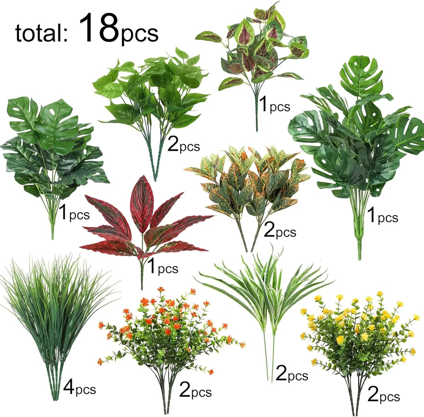 18 Bundles Outdoor Artificial Plants UV Resistant Fake Greenery Stems Faux Shrubs for Outside Porch Patio Garden Window Decor