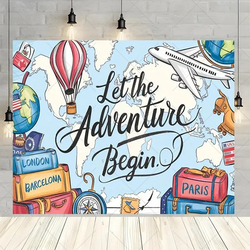 Let The Adventure Begin World Airplane Graduation Backdrop