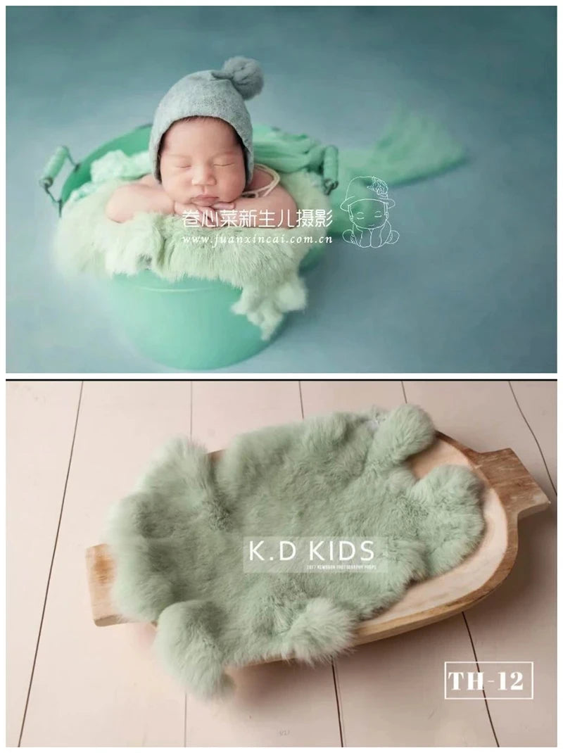 Newborn Photography Props Natural Rabbit Fur Rug Baby Photo Blankets Studio Infant Posing Basket Filled Background Accessories