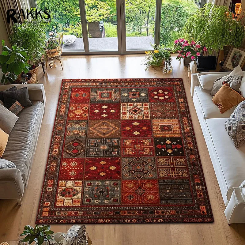 RAKKS Large Retro Red Ethnic Style Patchwork Carpet Area Rug Non-slip Living Room Decor Sofa Rug Bedroom Bedside Rug Floor Mat