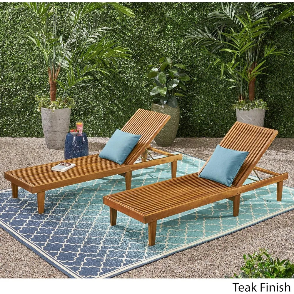 Outdoor Wooden Chaise Lounge, Set of 2 with Teak Finish, Pool Recliner Lounge Chairs