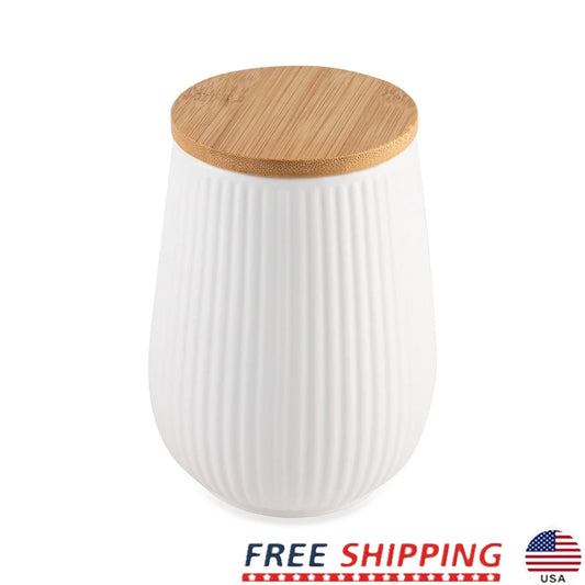 Ceramic Kitchen Canister With Bamboo Lid Airtight Seal Ribbed Design