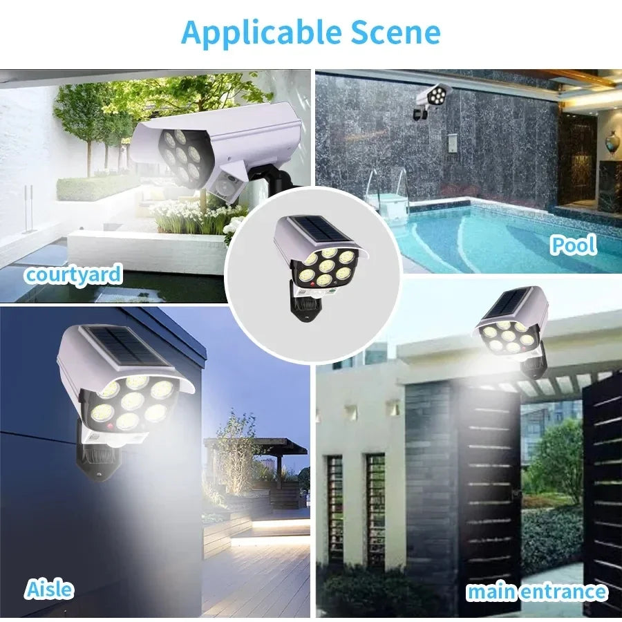 IWPI 77 LED Motion Sensor Solar Flood Light Decoy Camera