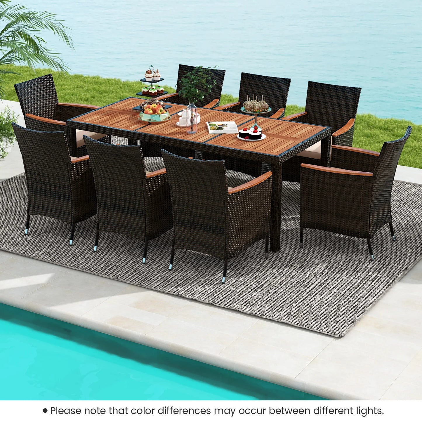 9 Piece Wicker Dining Set Cushions Umbrella Hole Chairs