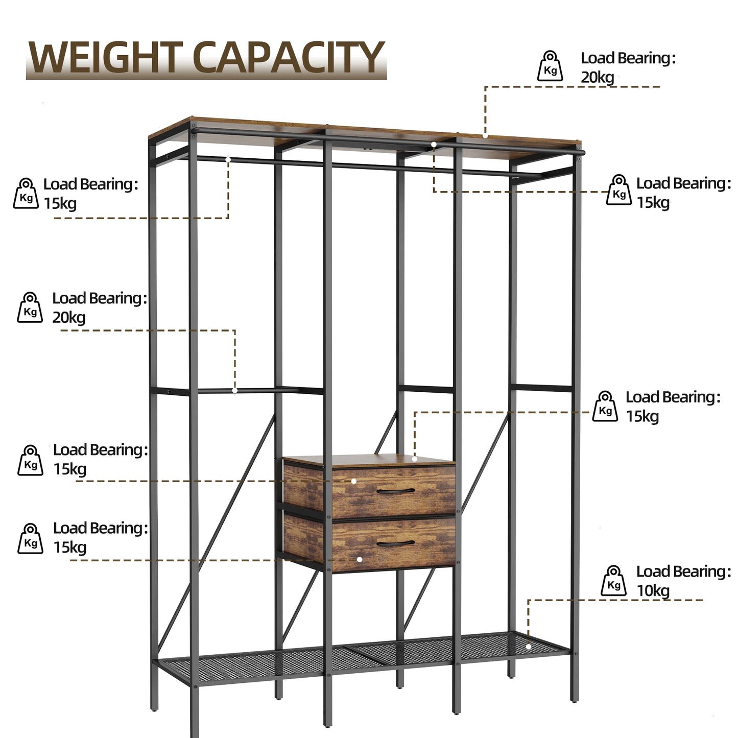 Industrial Coat Rack Stand With Two-Drawer Wardrobe Shelves