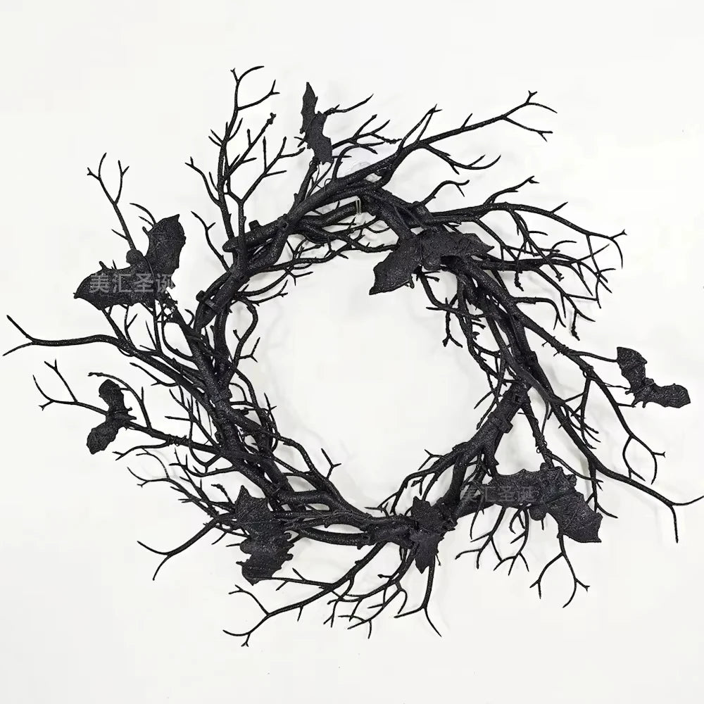 Halloween Wreath For Front Door Artificial Wreath Bat Black Branch Wreaths With LED Light Window Home Decor Halloween Decoration