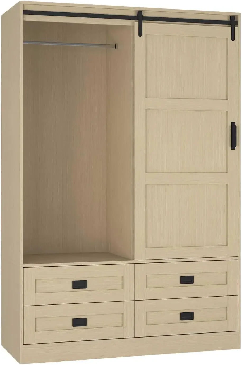 Freestanding Wooden Armoire Wardrobe With Sliding Barn Door And Drawers