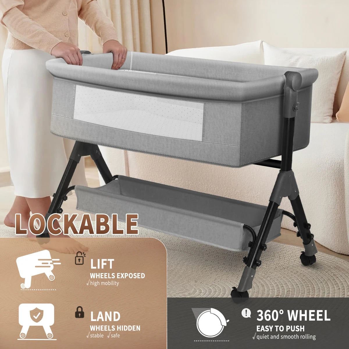 3-in-1 Adjustable Height Baby Bassinet Beside Sleeper Baby Easy Folding Bedside Bassinet Storage Basket、Mattress and Wheels