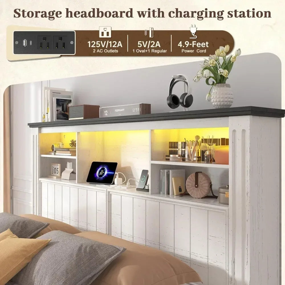 flash sale Bestsellerenhomee full size bed frame with headboard, full bed frame with 4 drawers charging port & led, farmhouse be