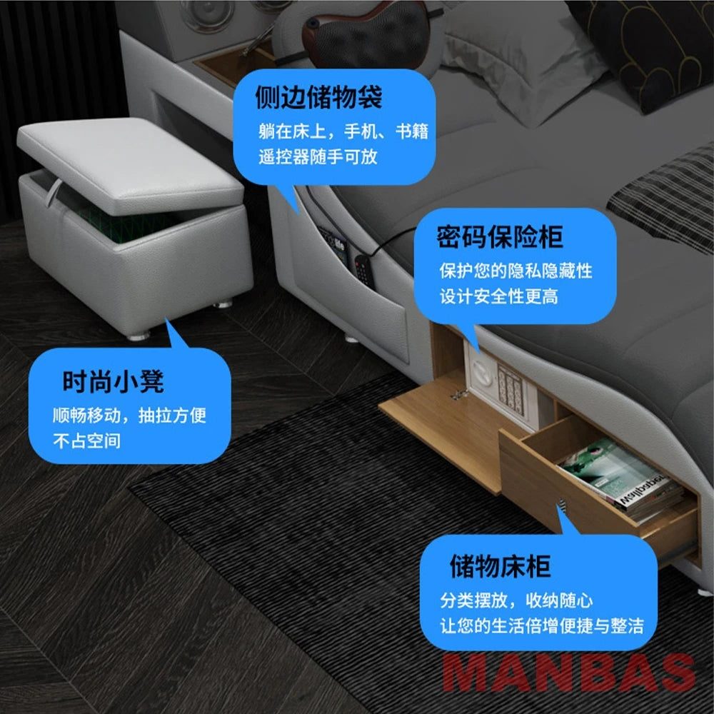 King/Queen Size Genuine Leather Bed, Modern Tech Smart Bed with Projector,USB, Speaker, Luxury Multifunction Bed, All In One Bed