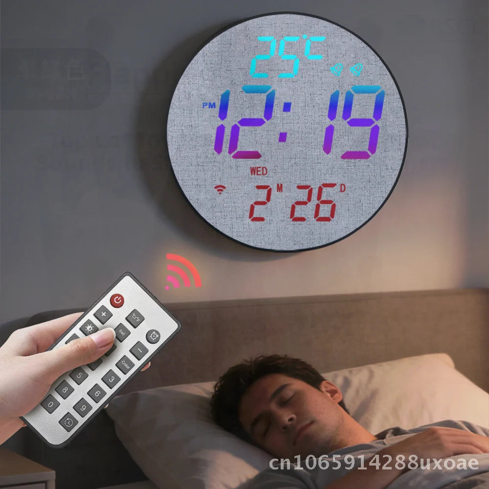 Summer Time Digital Wall Clock Bluetooth Smart Light-Sensing Snooze Alarm with Automatic Time Setting LED Display Thermometer
