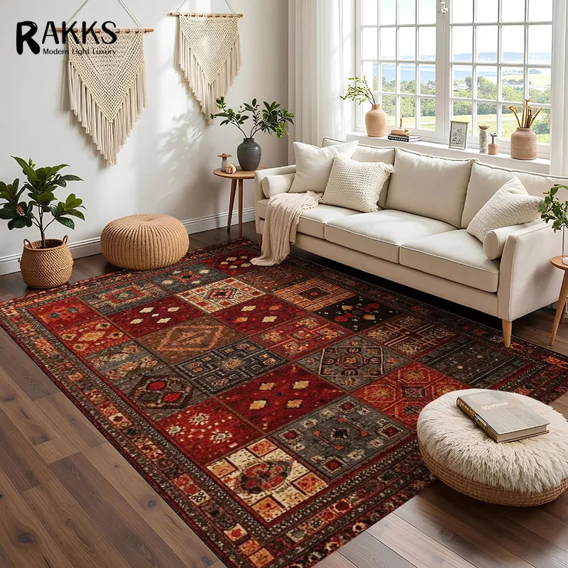 RAKKS Large Retro Red Ethnic Style Patchwork Carpet Area Rug Non-slip Living Room Decor Sofa Rug Bedroom Bedside Rug Floor Mat