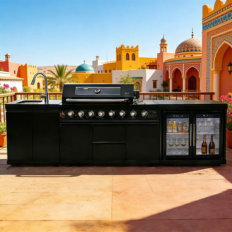 Modern Modular Functional Stainless Steel Outdoor Kitchen Cabinets For Backyard Patio Garden With Grill Cooktop Sink Fridge LED