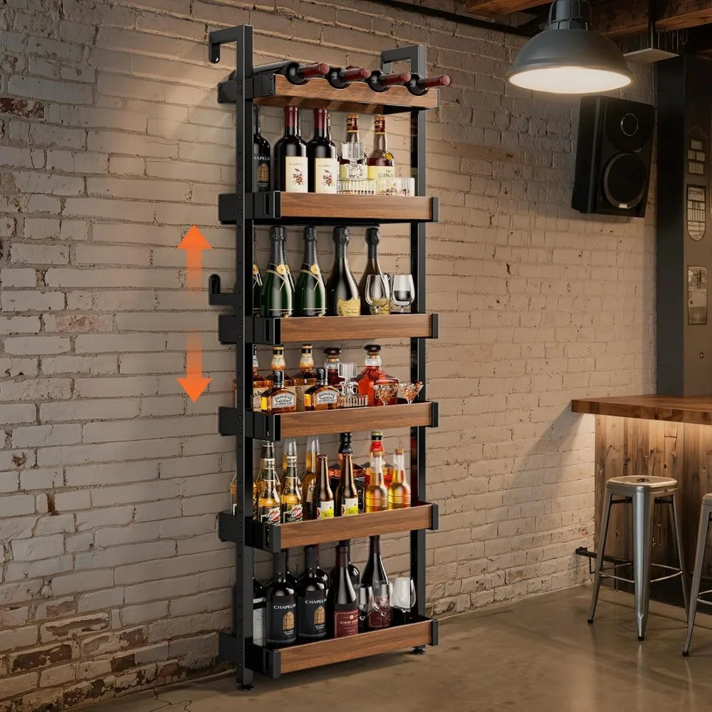 6-Tier Wall Mounted Wine Rack With Metal And Wood Shelves