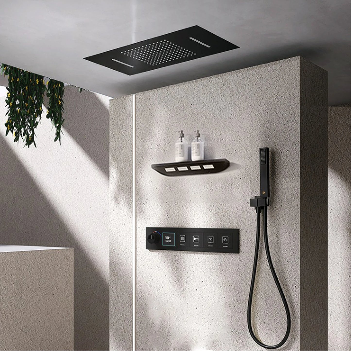 Gun gray brass ceiling constant temperature shower system embedded design LED digital display cold and hot water bathroom mixer