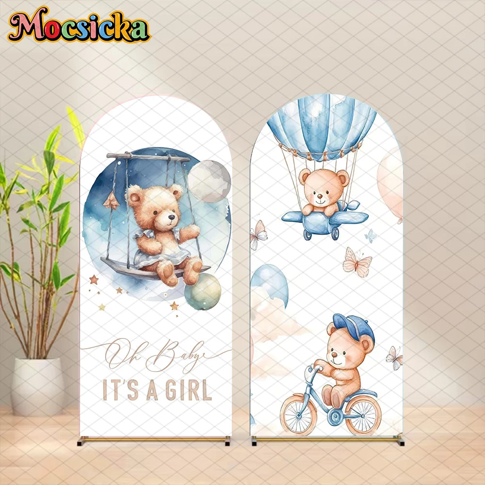 Mocsicka Bear Arch Backdrop Cover Baby Shower Birthday Party Arched Background Props Hot Air Balloon Pattern Art Decor Photocall