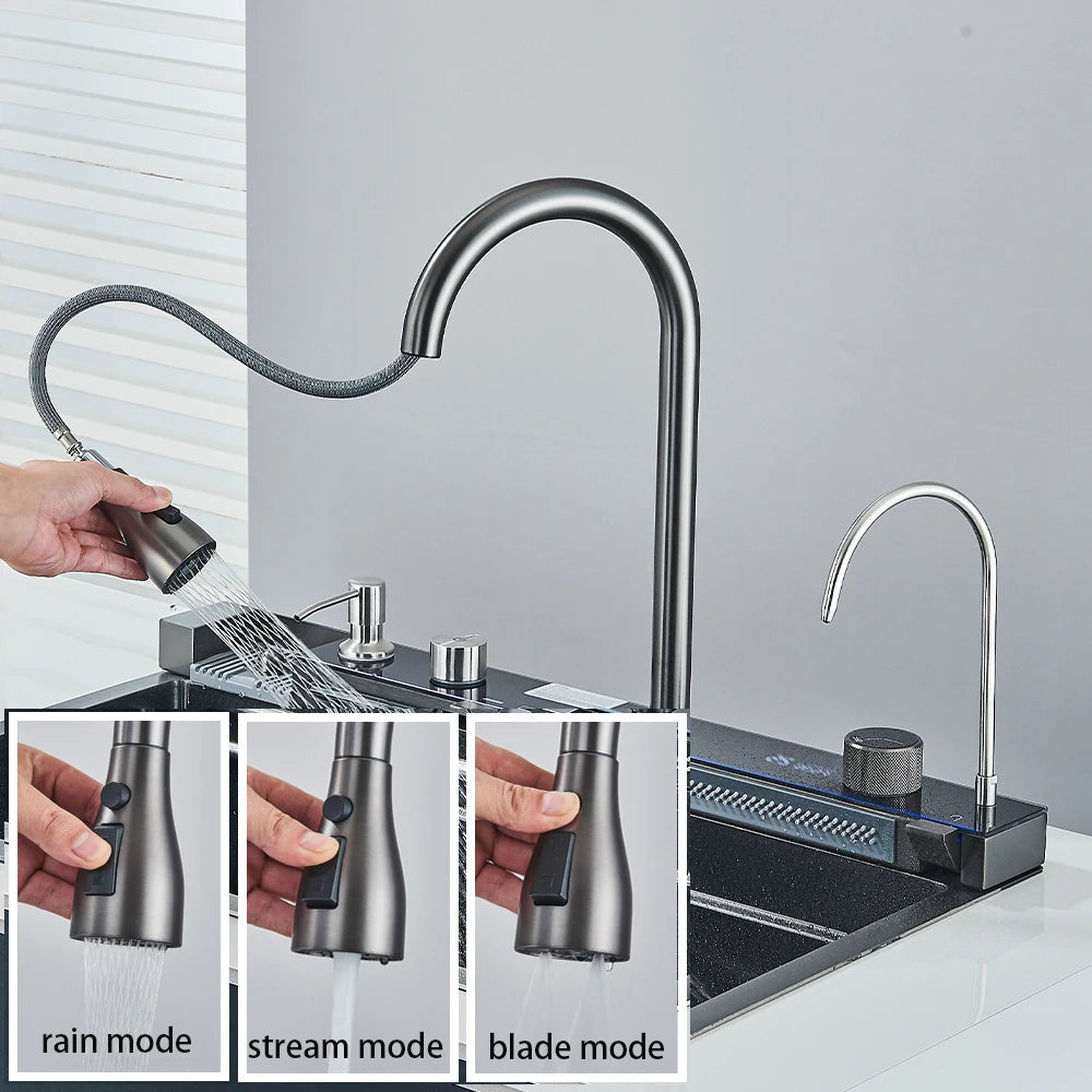 Multifunctional Kitchen Waterfall Sink Digital Display Large Single Gray Sink Dish Basin Sink 304 Stainless Steel