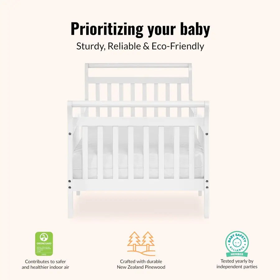 Emma 3in1 Convertible Wooden Toddler Bed in White, Baby Safety Alliance Certified, LowtoFloor Design, Solid Pinewood with Safety
