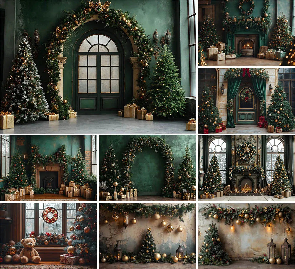 Mehofond Photography Backdrop Green Wall Christmas Trees For Kids Family Holiday Party Window Grunge Background Photo Studio