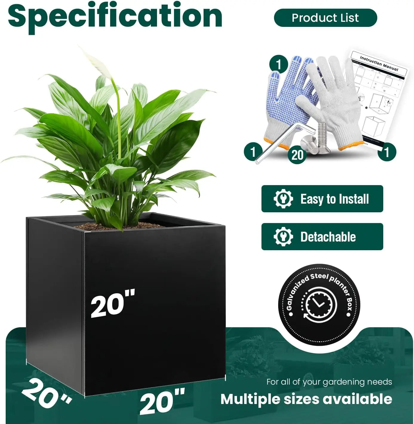 Galvanized Steel Planter Box Indoor Outdoor Durable Flower Pot