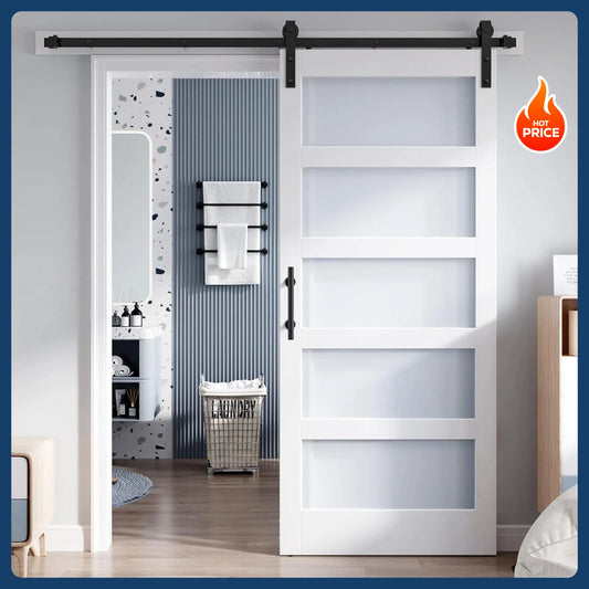 [Limited Stock!]36x84 Inch Glass Sliding Barn Door Slab and 6.6ft Hardware Kit Included, 5 Frosted Glass, LVL Wood Panel Covered