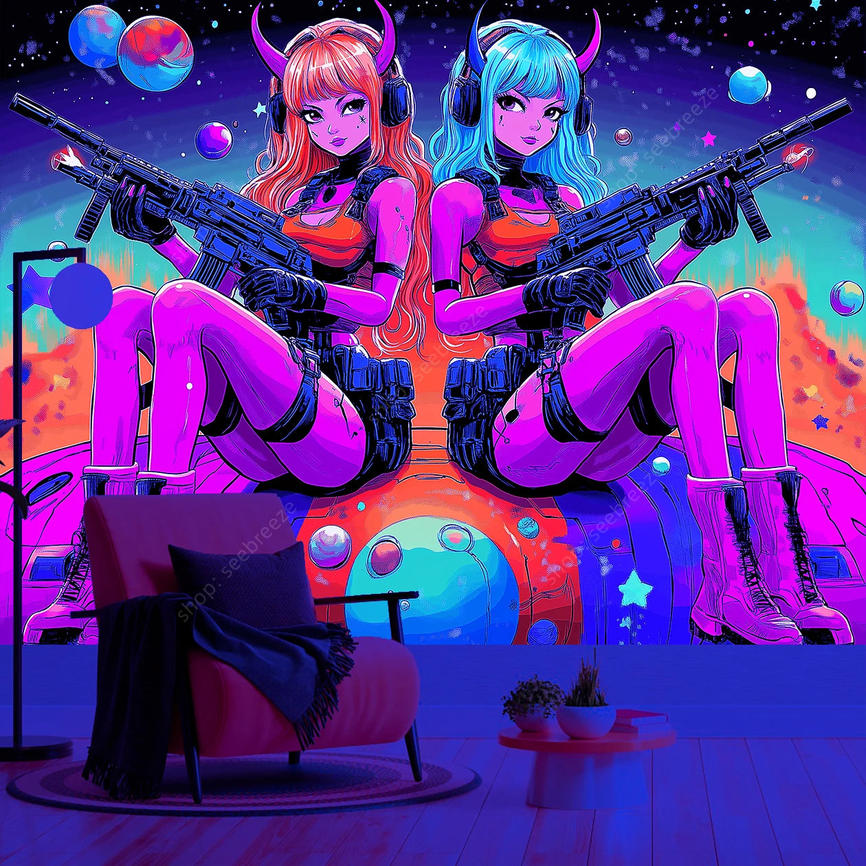 Vibrant Psychedelic Dual Warrior Girls Cosmic UV Tapestry Bohemian Bedroom Outdoor Wall Art Decor with Rainbow Galaxy Design