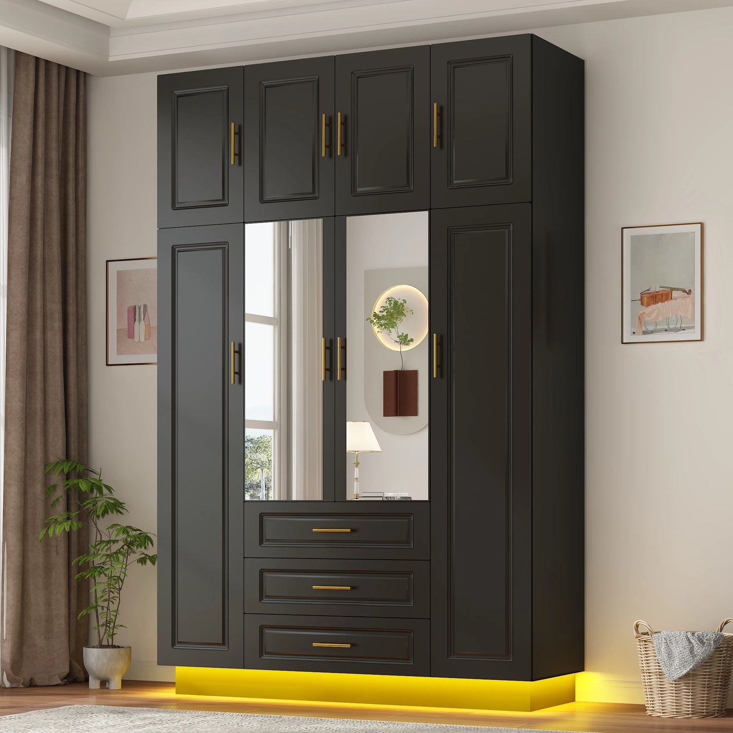 QiaoShiRenFinishes 4-Door LED Armoire Wardrobe With Mirror