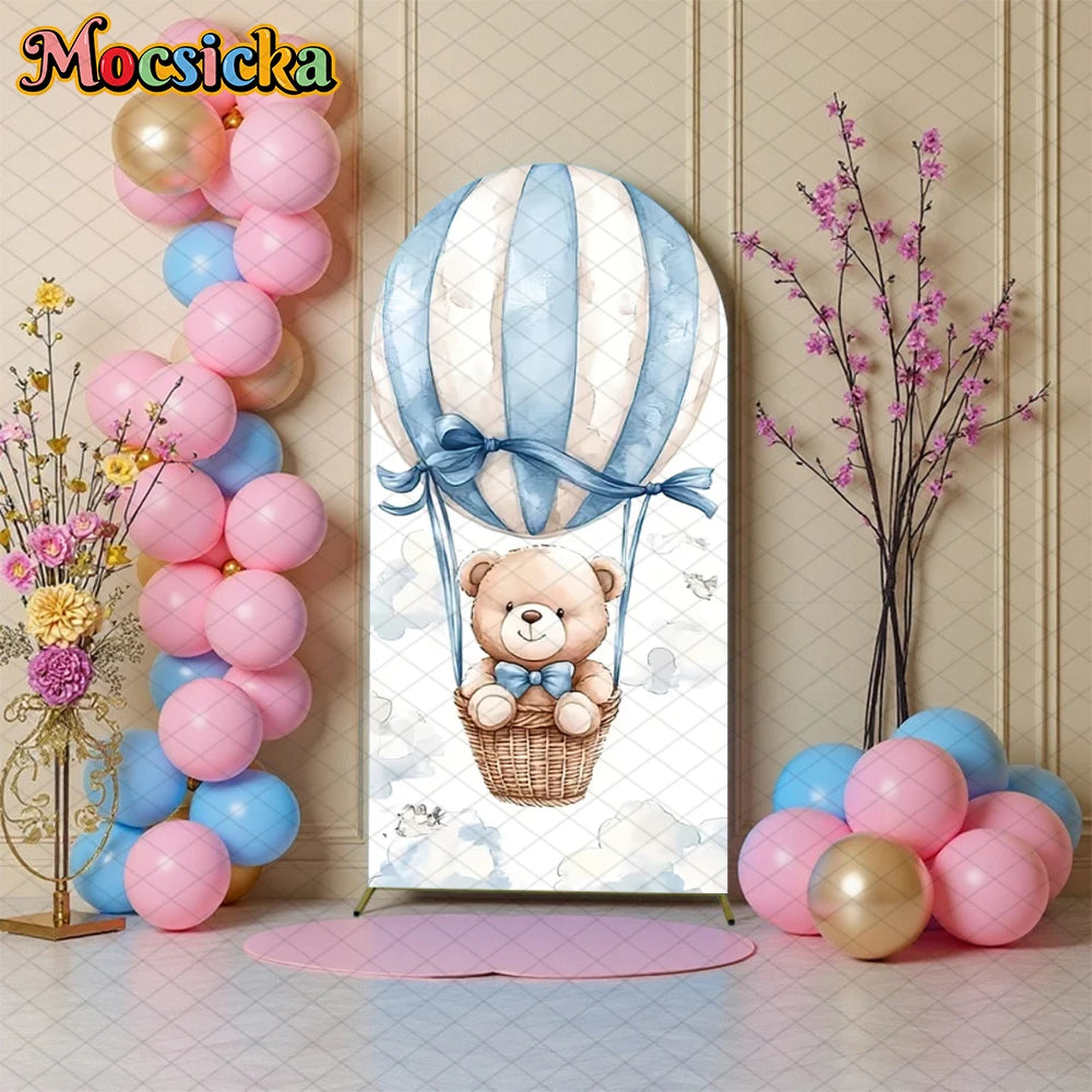 Mocsicka Bear Arch Backdrop Cover Baby Shower Birthday Party Arched Background Props Hot Air Balloon Pattern Art Decor Photocall