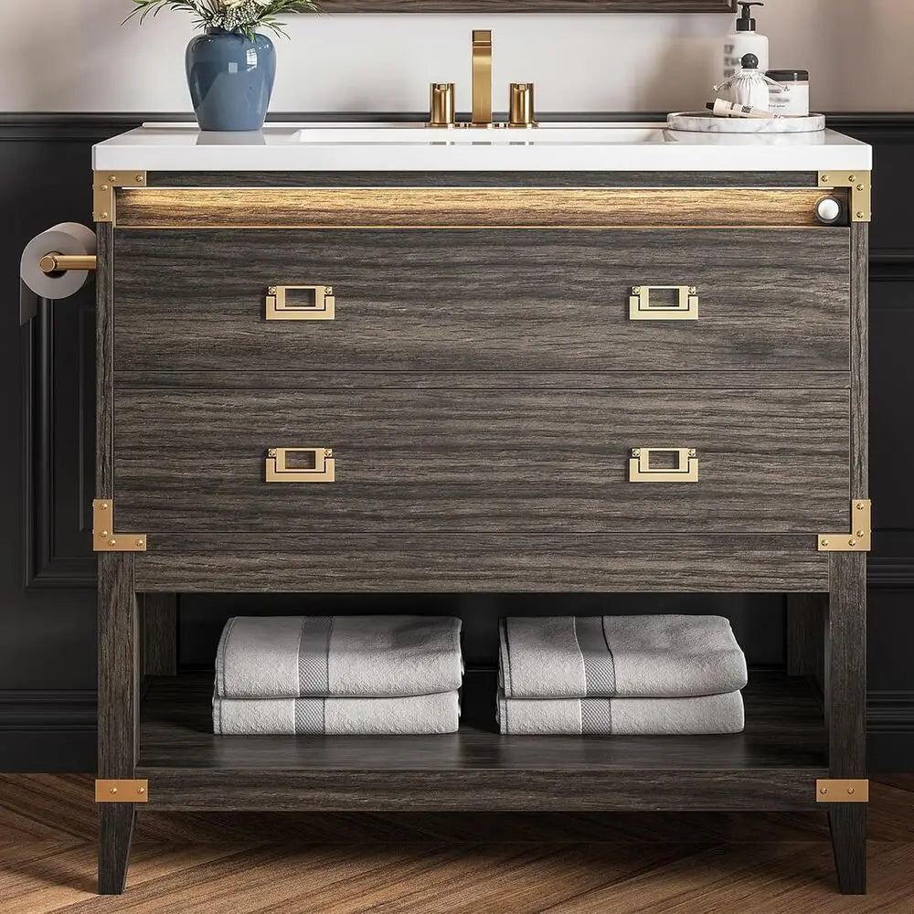 Ironck 36 Inch Wood Vanity With 2 Drawers Ceramic Sink