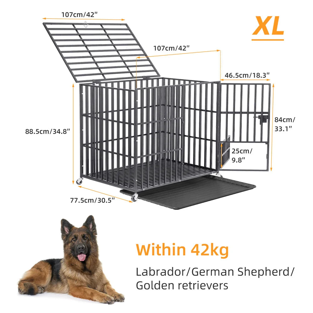 BORWARTH Iron Heavy Duty Dog Crate with Lockable Wheels Tray