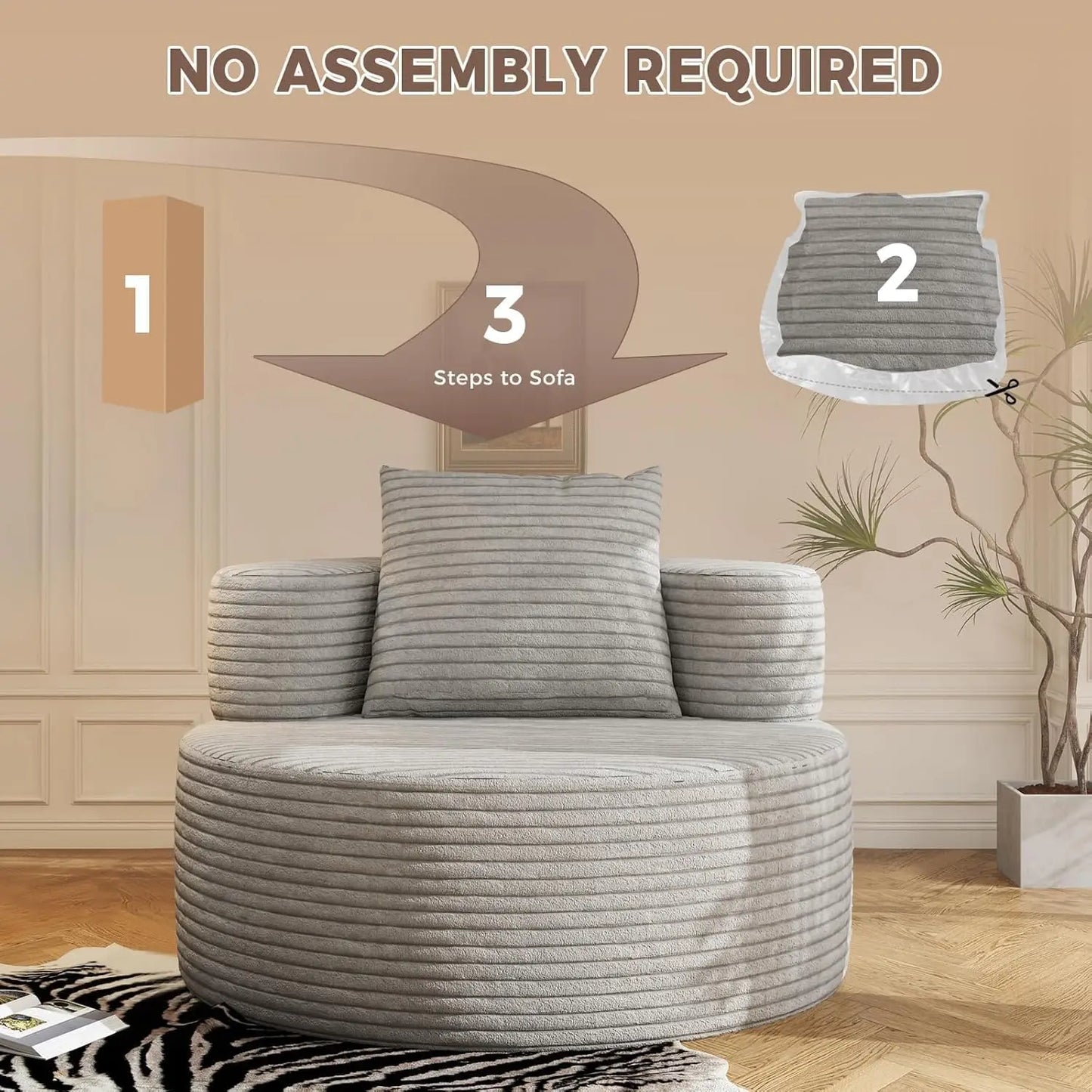 37.4" Oversized Boneless Chair Round, Chaise Lounge Boneless Accent Chair Indoor, Upholstered Corduroy Deep Seat Sofa Chair