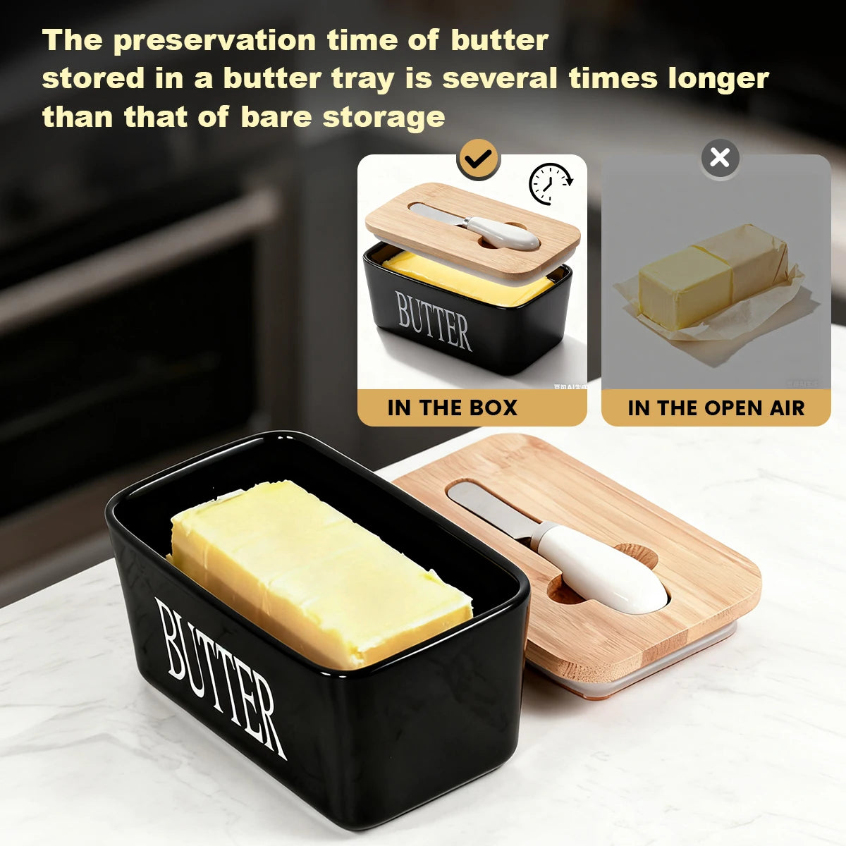 Ceramic Butter Dish With Bamboo Lid Built In Knife And Butter Keeper