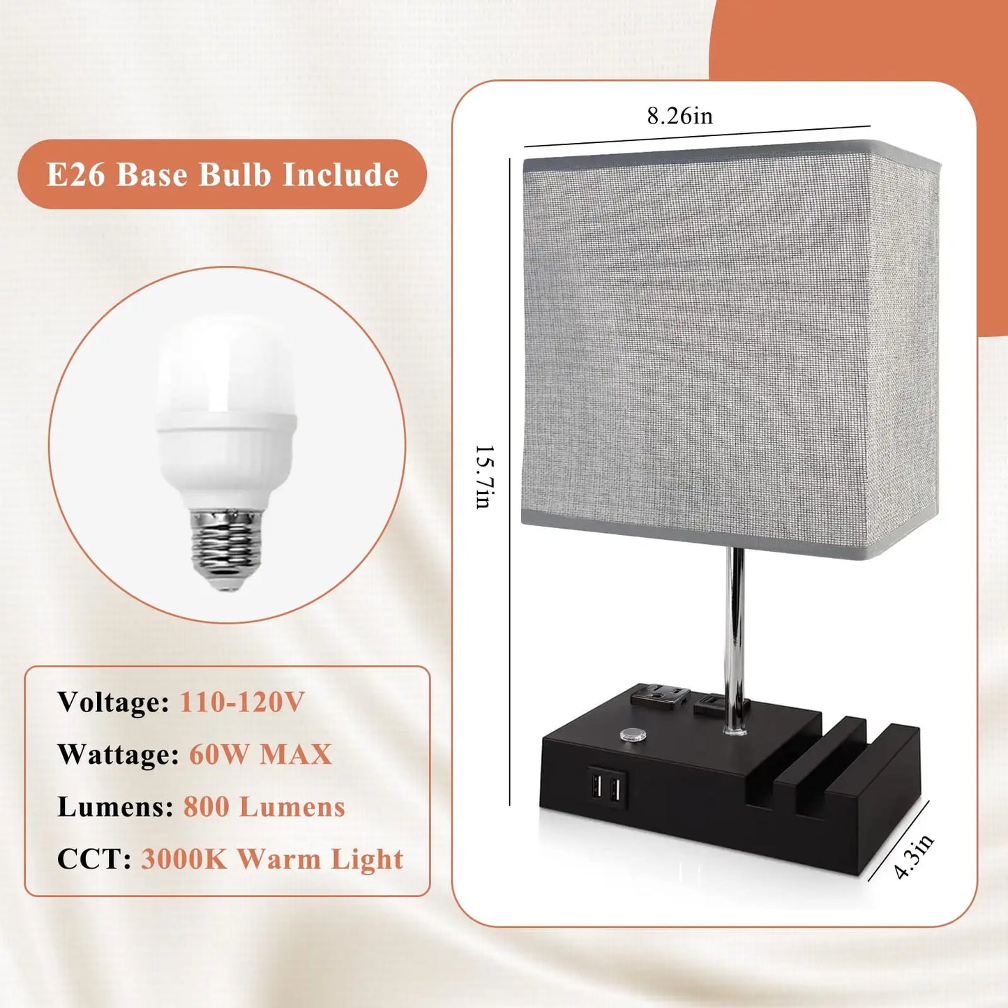 SZRSTH Bedside Table Lamp With Dual USB Ports Dimmable LED