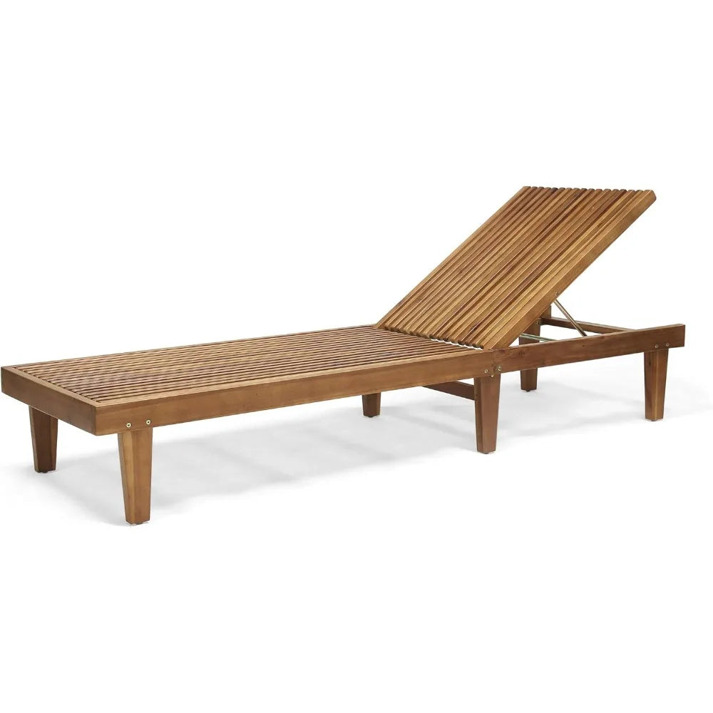 Outdoor Wooden Chaise Lounge, Set of 2 with Teak Finish, Pool Recliner Lounge Chairs