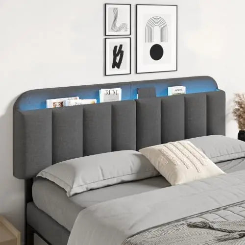 Adjustable Headboard for King/California King Size Bed Frame, Linen Fabric Bed Headboard with Storage & RGB LED Light